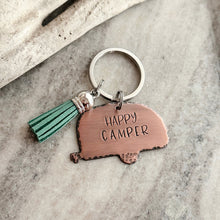 Load image into Gallery viewer, Happy Camper key chain - RV trailer - Glamper - Trailer - Wanderer - Traveler Key Ring - Gift for Outdoorsy Person Rustic copper with tassel
