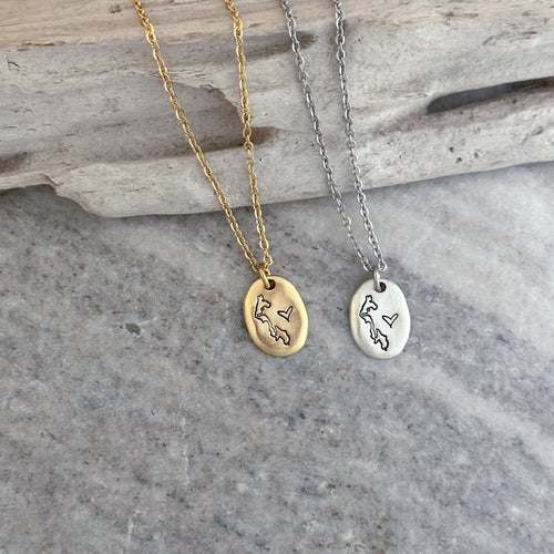 Small Oval Whidbey Island Necklace - Choice of Silver or Gold pewter organic shaped - stainless steel chain - Whidbey Island with Heart