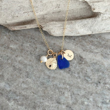 Load image into Gallery viewer, 14k gold filled Sand dollar charm with personalized initial, Sea Glass and pearl, Wedding Bridesmaid, Beach Gift for her, Mothers Day