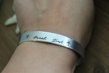 Load image into Gallery viewer, Beach Girl, Hand stamped aluminum bracelet, 3/8 Inch Bangle Silver tone Cuff Bracelet, Lightweight, Starfish, summer jewelry