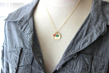 Load image into Gallery viewer, 14k Gold filled Disc necklace with Two Names and Swarovski Crystal Birthstones, Hand Stamped, Mommy Jewelry, Custom, Christmas Gift