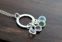Load image into Gallery viewer, Family Circle Necklace, Childrens Birthstones, Sterling Silver Hammered Washer Necklace, Swarovski Crystal Birthstones, Mothers Necklace