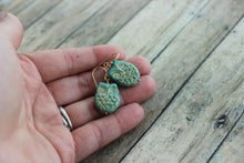 Load image into Gallery viewer, Aqua and Gold Czech Glass Owl earrings, Woodland Earrings, Turquoise Blue green and golden patina, Feathered, gift for her gold earrings