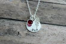 Load image into Gallery viewer, Sterling silver angel wing memorial necklace with name or Mom, Swarovski Crystal Birthstone, Loss Sympathy necklace, Remembrance Necklace