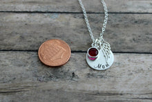 Load image into Gallery viewer, Sterling silver angel wing memorial necklace with name or Mom, Swarovski Crystal Birthstone, Loss Sympathy necklace, Remembrance Necklace