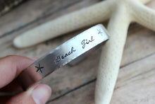 Load image into Gallery viewer, Beach Girl, Hand stamped aluminum bracelet, 3/8 Inch Bangle Silver tone Cuff Bracelet, Lightweight, Starfish, summer jewelry