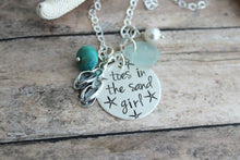 Load image into Gallery viewer, toes in the sand girl, beach quote necklace, hand stamped sterling silver flip flop jewelry, genuine sea glass, Gift for beach lover