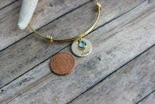 Load image into Gallery viewer, Gold plated stainless steel bracelet, Children's names Hand stamped NuGold discs, Swarovski crystal birthstones and wire bangle bracelet