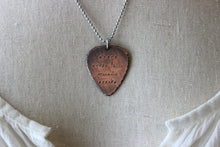 Load image into Gallery viewer, where words fail, music speaks - Hand stamped copper guitar pick necklace - stainless steel ball chain - gift for music lover - music style