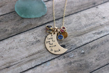Load image into Gallery viewer, I love you to the moon & back Bronze Crescent Moon Necklace - personalized Swarovski Crystal Birthstones - Christmas Gift for mom