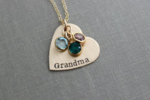 Load image into Gallery viewer, Hand Stamped Bronze Heart and 14k Gold filled chain Grandma Necklace, Personalized with Swarovski Crystal Birthstones, Grandmother Granny