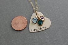 Load image into Gallery viewer, Hand Stamped Bronze Heart and 14k Gold filled chain Grandma Necklace, Personalized with Swarovski Crystal Birthstones, Grandmother Granny