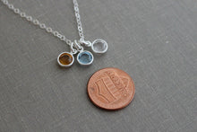 Load image into Gallery viewer, Swarovski Crystal Birthstone Charm Necklace, Sterling silver chain with three birthstone crystals, Mommy Jewelry
