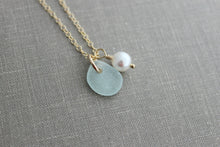 Load image into Gallery viewer, Genuine sea glass necklace with Swarovski crystal pearl and 14k Gold Filled chain,Beach Glass necklace, Simple summer jewelry