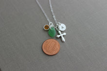 Load image into Gallery viewer, Sterling silver Personalized Puffy Cross Charm Necklace with Genuine Sea Glass and Mini Initial Charm, Swarovski Crystal Birthstone - Custom