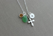 Load image into Gallery viewer, Sterling silver Personalized Puffy Cross Charm Necklace with Genuine Sea Glass and Mini Initial Charm, Swarovski Crystal Birthstone - Custom