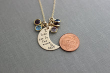 Load image into Gallery viewer, I love you to the moon & back Bronze Crescent Moon Necklace - personalized Swarovski Crystal Birthstones - Christmas Gift for mom