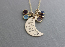 Load image into Gallery viewer, I love you to the moon & back Bronze Crescent Moon Necklace - personalized Swarovski Crystal Birthstones - Christmas Gift for mom