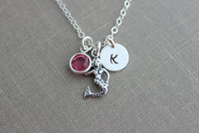 Load image into Gallery viewer, Sterling Silver Mermaid Charm Necklace, Personalized Initial letter disc, and Swarovski Crystal Birthstone, Customized Beach Jewelry