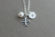 Load image into Gallery viewer, Personalized Charm Necklace with Sterling Silver Jerusalem Cross, White Freshwater Pearl and Initial Charm Made to Order, Faith
