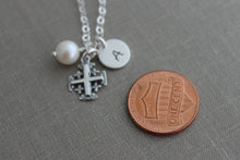 Load image into Gallery viewer, Personalized Charm Necklace with Sterling Silver Jerusalem Cross, White Freshwater Pearl and Initial Charm Made to Order, Faith