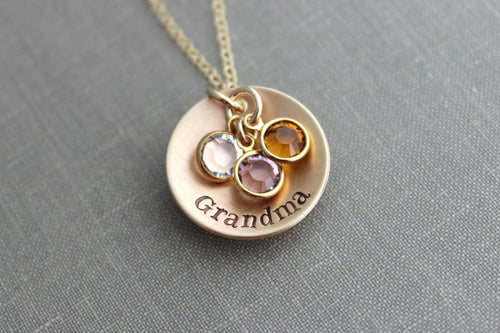 Hand Stamped Bronze and 14k Gold filled chain Grandma Necklace, Personalized with Swarovski Crystal Birthstones, Grandchildren, Grandmother