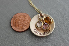 Load image into Gallery viewer, Hand Stamped Bronze and 14k Gold filled chain Grandma Necklace, Personalized with Swarovski Crystal Birthstones, Grandchildren, Grandmother
