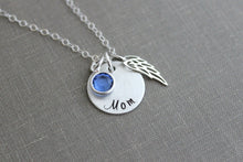 Load image into Gallery viewer, Sterling silver angel wing memorial necklace with name or Mom, Swarovski Crystal Birthstone, Loss Sympathy necklace, Remembrance  Necklace
