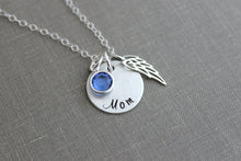 Load image into Gallery viewer, Sterling silver angel wing memorial necklace with name or Mom, Swarovski Crystal Birthstone, Loss Sympathy necklace, Remembrance Necklace