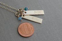 Load image into Gallery viewer, 14k gold filled skinny Two bar Charm Necklace - 2 Name and Swarovski Crystal Birthstone - Hand Stamped - Mommy Jewelry - Custom - Children