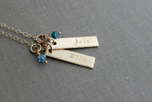 Load image into Gallery viewer, 14k gold filled skinny Two bar Charm Necklace - 2 Name and Swarovski Crystal Birthstone - Hand Stamped - Mommy Jewelry - Custom - Children