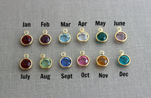 Load image into Gallery viewer, Bronze Skinny Rectangle Bar and Circle Disc Name Necklace Swarovski Crystal Birthstone on gold plated chain, Personalized Childrens Name