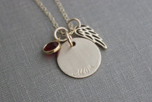 Load image into Gallery viewer, Bronze angel wing memorial gold filled necklace with name or Mom, Swarovski Crystal Birthstone, Loss Sympathy necklace, Remembrance Necklace