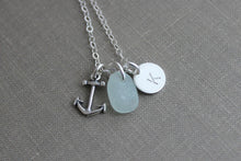 Load image into Gallery viewer, Anchor Necklace, Personalized Charm Necklace with genuine Seafoam Sea Glass Anchor and Initial Charm Sterling Silver, Beach Girl