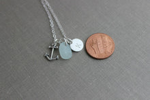 Load image into Gallery viewer, Anchor Necklace, Personalized Charm Necklace with genuine Seafoam Sea Glass Anchor and Initial Charm Sterling Silver, Beach Girl