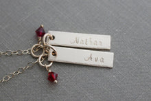 Load image into Gallery viewer, 14k gold filled skinny Two bar Charm Necklace - 2 Name and Swarovski Crystal Birthstone - Hand Stamped - Mommy Jewelry - Custom - Children