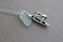 Load image into Gallery viewer, Sterling Silver Canoe Charm Necklace with Sea Glass Seafoam, White or Green Personalize Outrigger, Paddler, Watersports, Hawaii Outdoors
