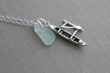 Load image into Gallery viewer, Sterling Silver Canoe Charm Necklace with Sea Glass Seafoam, White or Green Personalize Outrigger, Paddler, Watersports, Hawaii Outdoors