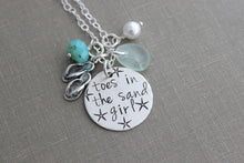 Load image into Gallery viewer, toes in the sand girl, beach quote necklace, hand stamped sterling silver flip flop jewelry, genuine sea glass, Gift for beach lover