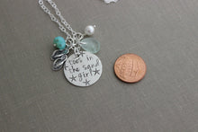 Load image into Gallery viewer, toes in the sand girl, beach quote necklace, hand stamped sterling silver flip flop jewelry, genuine sea glass, Gift for beach lover