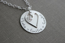 Load image into Gallery viewer, Sterling Swirl heart and Children's names, Sterling Silver Mom Necklace Gift for Grandma, Nana, Momma, Personalized Disk Multiple names