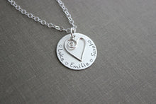 Load image into Gallery viewer, Sterling Swirl heart and Children&#39;s names, Sterling Silver Mom Necklace Gift for Grandma, Nana, Momma, Personalized Disk Multiple names
