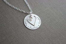 Load image into Gallery viewer, Sterling Swirl heart and Children's names, Sterling Silver Mom Necklace Gift for Grandma, Nana, Momma, Personalized Disk Multiple names