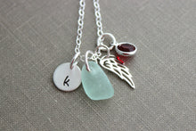 Load image into Gallery viewer, Sterling Silver Angel Wing Necklace, Genuine Sea Glass, Initial Charm Disc, Memorial Necklace, Guardian Angel, Personalized, Birthstone