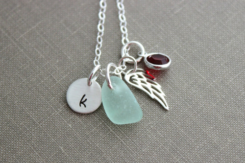 Sterling Silver Angel Wing Necklace, Genuine Sea Glass, Initial Charm Disc, Memorial Necklace, Guardian Angel, Personalized, Birthstone