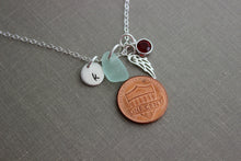 Load image into Gallery viewer, Sterling Silver Angel Wing Necklace, Genuine Sea Glass, Initial Charm Disc, Memorial Necklace, Guardian Angel, Personalized, Birthstone