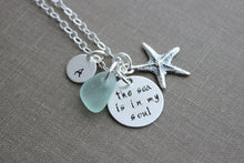 Load image into Gallery viewer, the sea is in my soul, Sterling silver, Hand Stamped, Starfish Charm and Initial Letter Charm, Beach Jewelry, genuine sea glass necklace