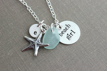 Load image into Gallery viewer, Beach Girl Necklace, Sterling silver, Hand Stamped, Starfish Charm, Genuine Sea Glass and Initial Letter Disc, Beach Jewelry, Sea Star