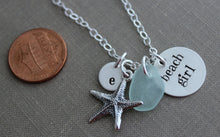 Load image into Gallery viewer, Beach Girl Necklace, Sterling silver, Hand Stamped, Starfish Charm, Genuine Sea Glass and Initial Letter Disc, Beach Jewelry, Sea Star
