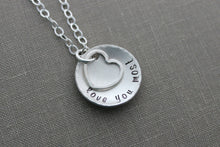 Load image into Gallery viewer, love you most necklace, all sterling silver, hammered heart charm and hammered cupped hand stamped sterling disc, Valentine's Day gift